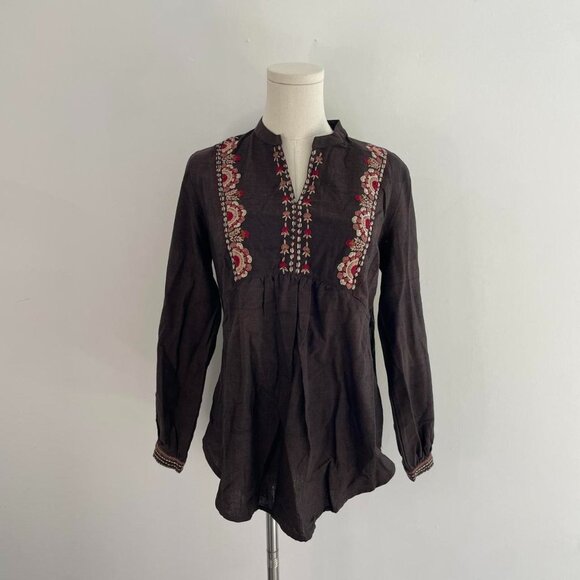 Fabindia Embroidered Cotton Tunic Top  | Dark Brown | Womens Size Medium - Picture 1 of 5
